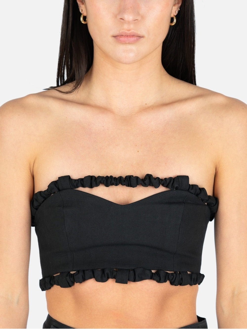 Ganni | Black Ruffled Strapless Crop Top